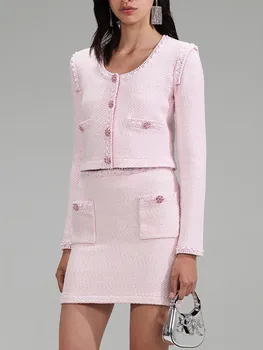 Дамски розов плетен сладък костюм A-line мини пола или O-образно деколте еднореден дълъг ръкав къса жилетка за жена 2023 пролет лято