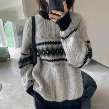 Vintage Senior Sense пуловер пуловер женски 2023 есен и зима Нова корейска версия Мързелив вятър хлабав мек восъчен обрат трикотажни