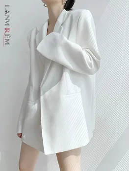 LANMREM Офис дама бели блейзъри плътен цвят изрязана яка дълги ръкави хлабав мода женски пролетта ново облекло 2AA1239