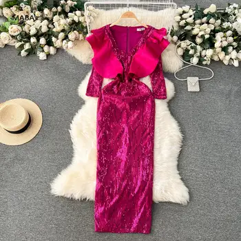 Официални пайети вечерна рокля жени v-образно деколте къдри червени луксозни висок клас тънък парти абитуриентски молив етаж дължина рокля високо качество