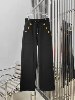 Панталони шнур талия отслабване бутон декоративен дизайн плат мек удобен случайни мода 2023 есен нов