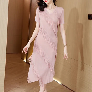 AIMEILI пискюл плисирана рокля за жени кръг врата цвят блок шевове елегантни макси рокли Парти облекло 2023 Пролет