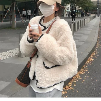 Korea Loose French Chic Faux Lamb Fur Coat Plush Coat меховая куртка Кратко Плюшено палто veste fourrure femme эко шуба