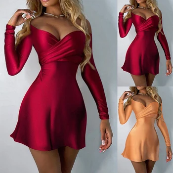 Fashion Sexy Off Shoulder Long Sleeve Solid High Waist A Line Mini Bodycon Dress Ball Gowns Party Wear Sexy Robes Femme 2023 Ново