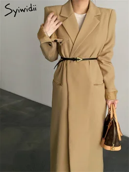 Syiwidii Намалете яката Тренчкоти за жени 2023 Офис дама твърди с колан яке нова мода случайни шик хлабав дълго палто
