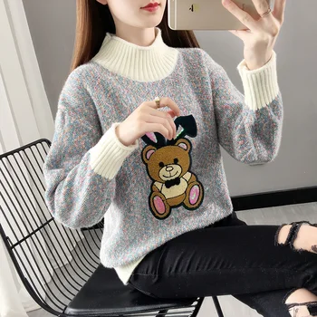 есен зима плетен пуловер жени 2023 Нови реколта пуловер дълъг ръкав цип пуловери дама половин висока яка корейски розов сив