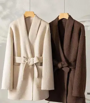 Дамско палто 2023 есен/зима ново двустранно право тръба тип вълна малко палто