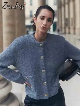 Елегантни джобове плетена жилетка за жени есенен дълъг ръкав бутон пуловер женски кръг врата еднореден пуловер Връхни дрехи