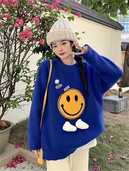 Hsa 2023 жени Kawaii сладък пуловер и джъмпери хлабав корейски мода плетени върхове шик трикотаж черен карикатура Y2k дрехи пролетта