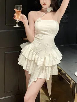 Summer Harajuku без ръкави без гръб A-line мини рокля жени секси висока талия тънък парти клуб къдри вестидос подарък за рожден ден