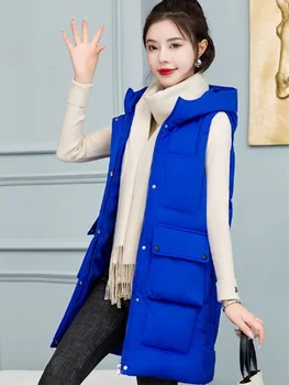 Зимни памучни жилетки с качулка Тънки жени топли парки извънгабаритни 80 кг средна дължина жилетка случайни корейски дебели нови якета без ръкави