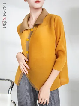 LANMREM Нередовни еднореден плисирани ризи за жени ревера хлабав шик цвят блок топ женски модни дрехи 2R7766