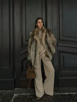 Шик ревера яка изкуствена кожа жилетка палто жените реколта хлабав сгъсти дълги ръкави яке 2024 дама елегантен топло високо улично облекло