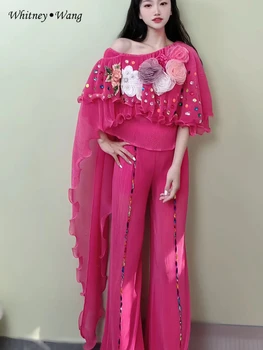 WHITNEY WANG Дизайнерски стил 2023 Есенна мода Улично облекло 3D флорални разрошени асиметрични върхове и панталони Жени 2 броя комплекти