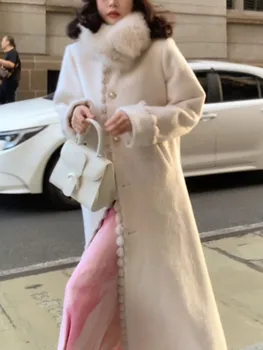 Зимна нова мода имитация норка кожа палто за жени еднореден кожен яка дълго вълнено яке женски хлабав случайни палта