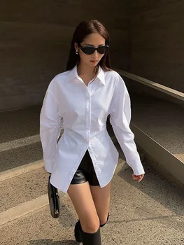 Zoki мода бели жени тънък дълги ризи пролетта офис дама дълъг ръкав бутон блуза корейски завой-надолу яка случайни Y2K върхове