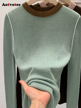 Aotvotee O-образно деколте основни твърди есенни пуловери за жени топло снаждане облицовани плетени удобни пуловер дълъг ръкав прост нов връх