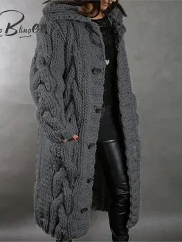 BlingBlingee 2023 Зимен топъл кабел буци плетени жени жилетка Traf дълъг ръкав единични бутони хлабав пуловер женско яке