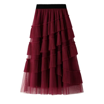 TIGENA Fashion Tiered Tutu Tulle Skirt за жени 2024 Пролет Лято Елегантен Solid A Lin висока талия плисирана дълга пола женска