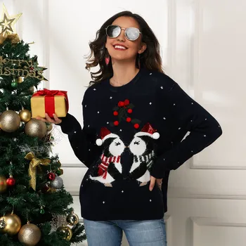 Модни дамски пуловери 2024 Жените реколта Коледа сладък малък пингвин модел трикотажни пуловер жени зимата топли пуловери