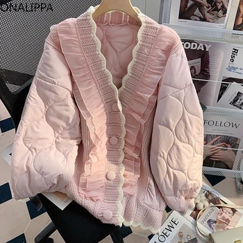 Onalippa Mesh Wood Ear Hem Pink Quilted Coat V Neck Single Breasted Loose Coats Корейски сладки твърди пачуърк якета за жени