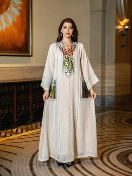 Луксозна близкоизточна мюсюлманска рокля за жени Курбан байрам арабски пайети Abaya исляма Femme Party Jalabiya Турция рокли марокански кафтан роба