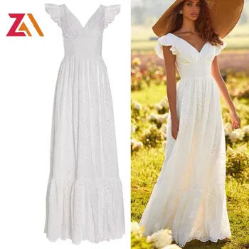 ZALady ваканция бяла дантела бродерия макси рокли за жени traf лято V-образно деколте елегантен парти вечер дълга рокля фестивал ropa