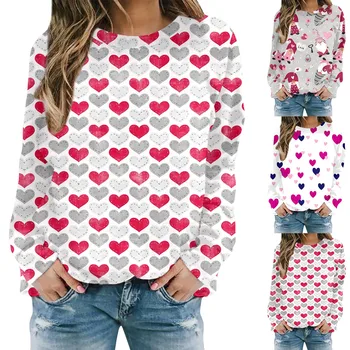 Дамски модерен Свети Валентин сърце отпечатани кръг врата качулка памучни суитчъри за жени дами дребничка sweatpants