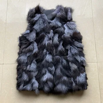 Real Fox Fur Vest Winter Lady Warm 100% Natural Real Silver Fox Fur Vest Fashion Fur Sleeveless Coat Women Casual Long Waistcoat