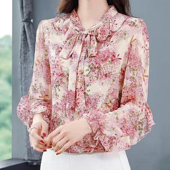 Елегантни флорални блузи от шифон пролет лято нов дълъг ръкав лък хлабав плюс размер ризи удобни модни тенденции дамско облекло