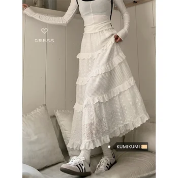 Коробов Нежен стил нова кука цвете половин пола жени пролетта висока талия бели A-линия поли Y2k дрехи корейски мода Faldas