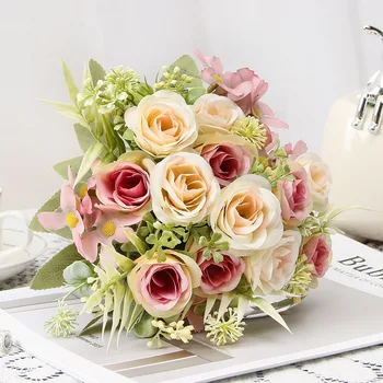 5 Вилици изкуствени цветя фалшив букет цветя скандинавски Мона роза за дома декор сватбени декорации парти декорация
