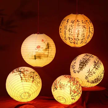 Китайски кръгъл хартиен фенер Лотос Слива Цвят Бамбукови птици Цветно писмо Отпечатано Lampion Начало Спалня Всекидневна декорация