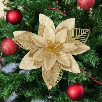 Аксесоари за коледно дърво Златен прах Коледни цветя Искрящи коледни флорални орнаменти 12 блестящи цветя за Коледа