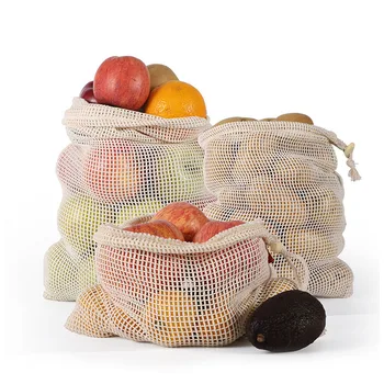 Екологично чисти чисти памучни мрежести чанти Опаковка зеленчукови плодове шнур чанта 20x30 / 30x35 / 35x40cm Начало съхранение чанта
