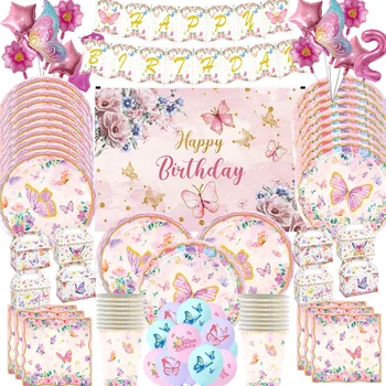 Розова пеперуда рожден ден прибори за хранене фон Честит първи рожден ден парти доставки деца момиче плоча чаша декорация бебе душ