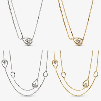 Infinite Lab-grown Diamond Long Pendant Necklace 14k Gold and 925 Silver Double Chain Collier Дамски колие бижута за момиче