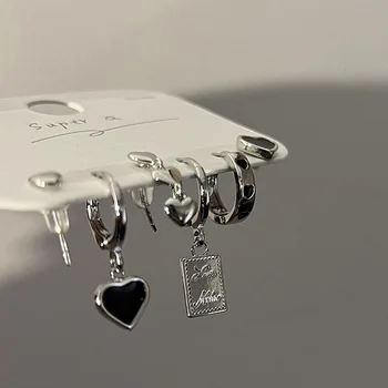 Сребърен цвят метален пискюл верига любов сърце обица неправилна геометрична череша обръч обеци за жени подаръци бижута 6бр комплект