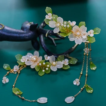 1Pair китайски щипки за коса момичета ханфу аксесоари за коса зелено цвете фиба пискюл перла шлем древна страна шнола бижута